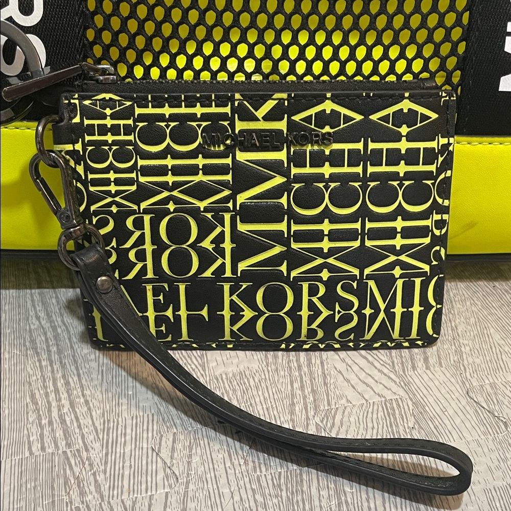 Michael Kors Black and Neon Yellow Logo Wristlet
